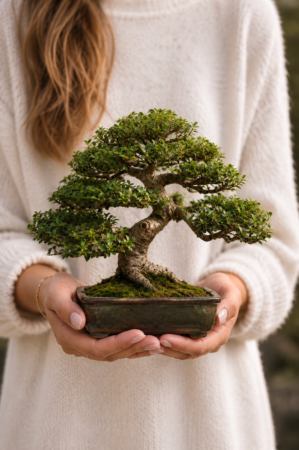 A person in a cream sweater holding a bonsai tree in a mottled ceramic pot against a soft, blurred garden background